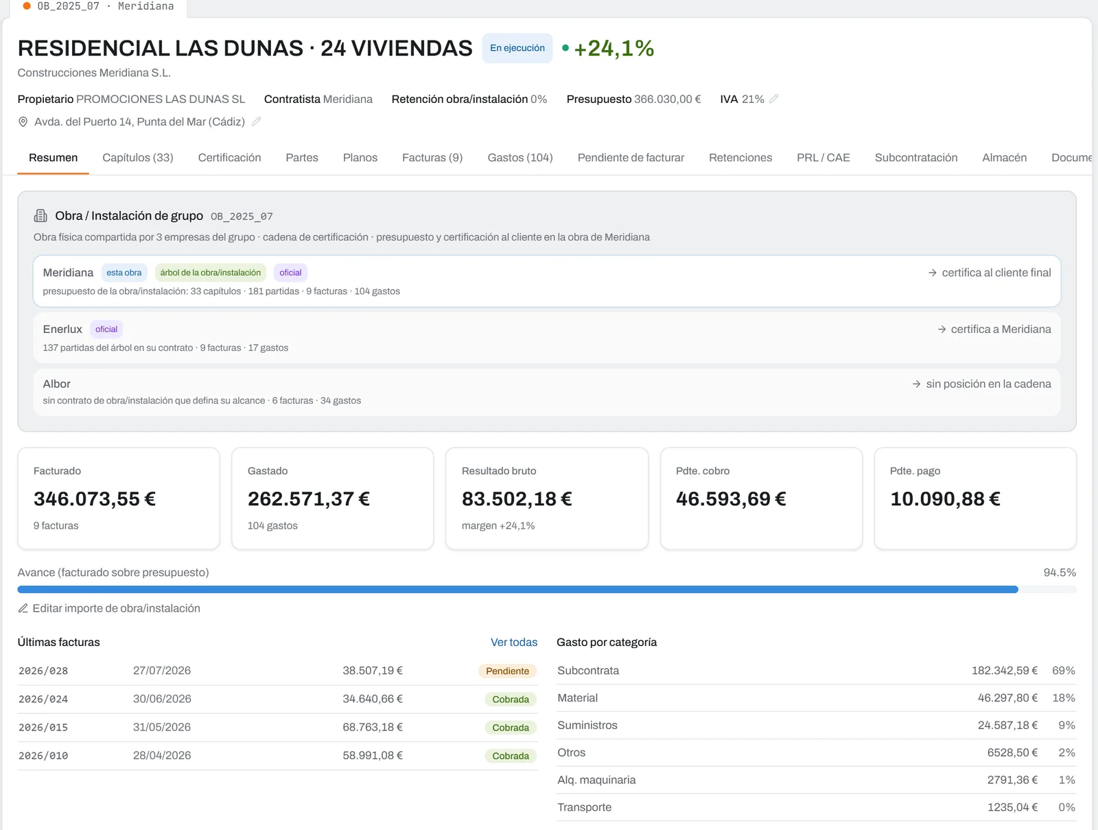 Ficha de una obra en Ataraxia: margen del 24,1 %, facturado, gastado, resultado bruto, gasto por categoría y proveedores principales