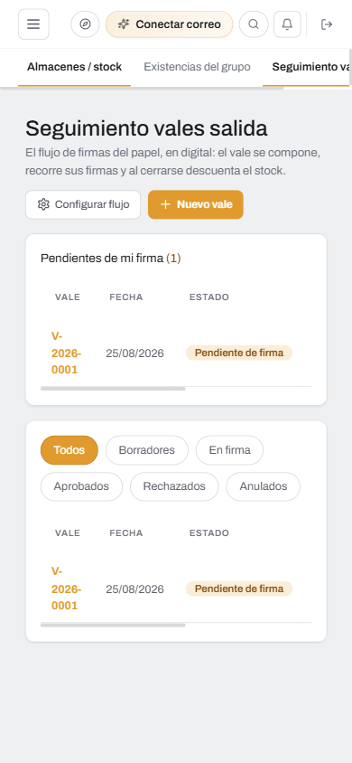Bandeja de vales pendientes de firma en la app móvil de Ataraxia