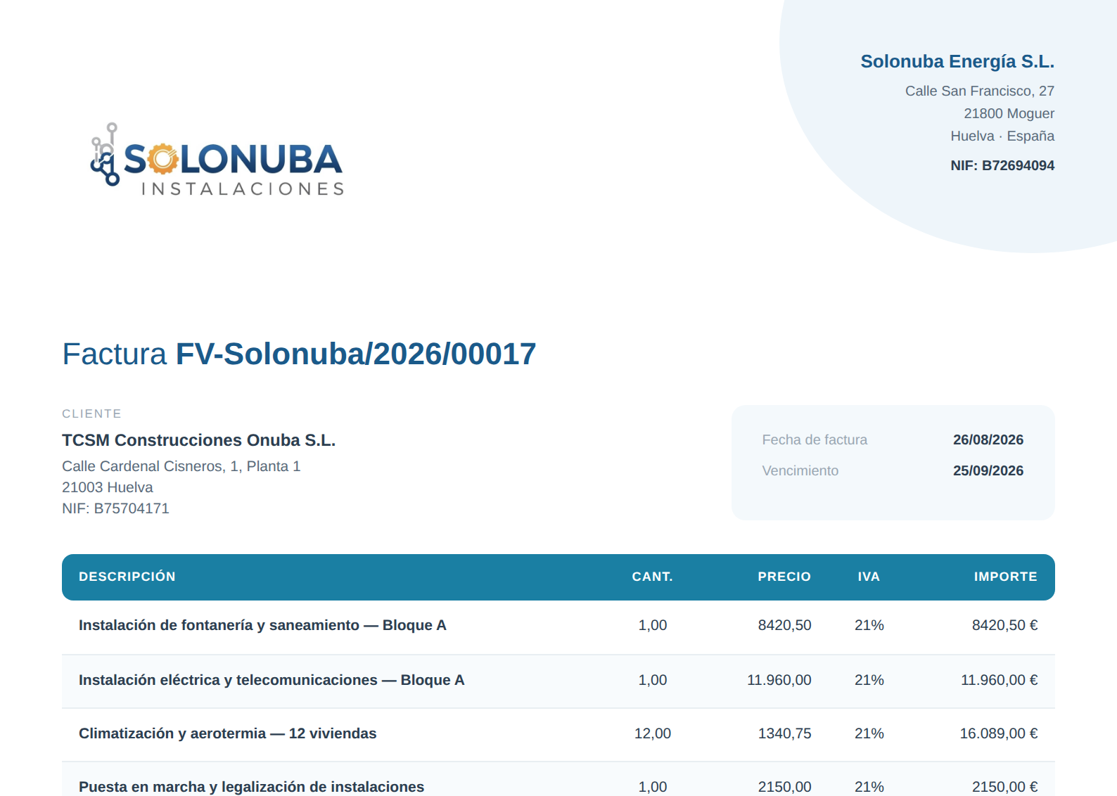 Factura emitida en Ataraxia con el logo de la empresa, sus líneas y los totales