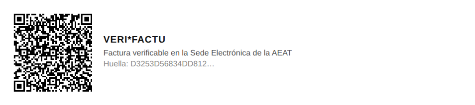 Sello VERI*FACTU al pie de la factura: código QR de cotejo, la leyenda «Factura verificable en la Sede Electrónica de la AEAT» y el inicio de la huella
